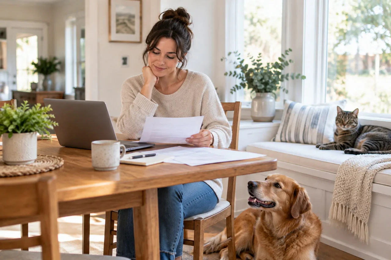 Owner reviewing paperwork at a table with a cat and a dog nearby