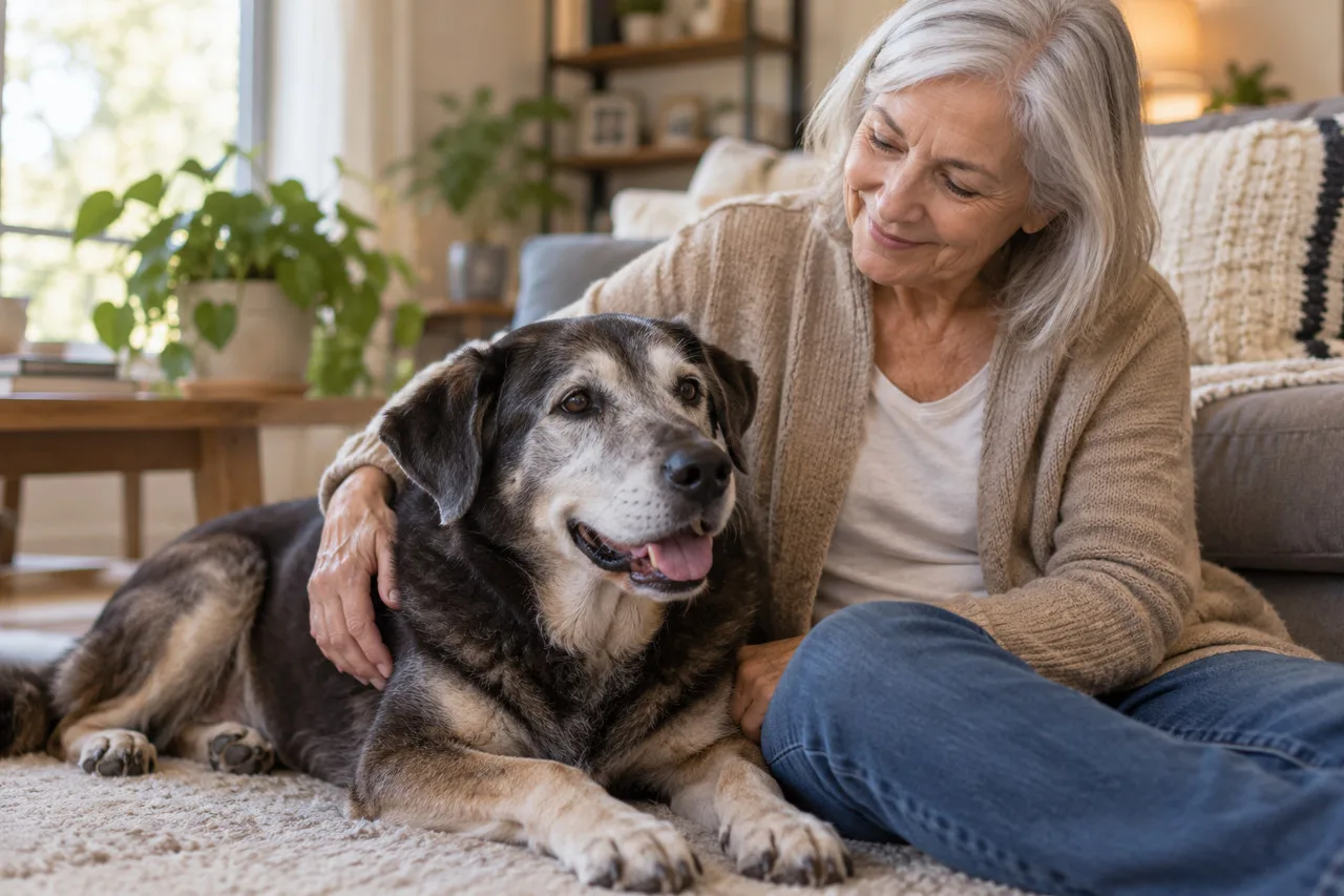 Owner seated at home beside a gray dog